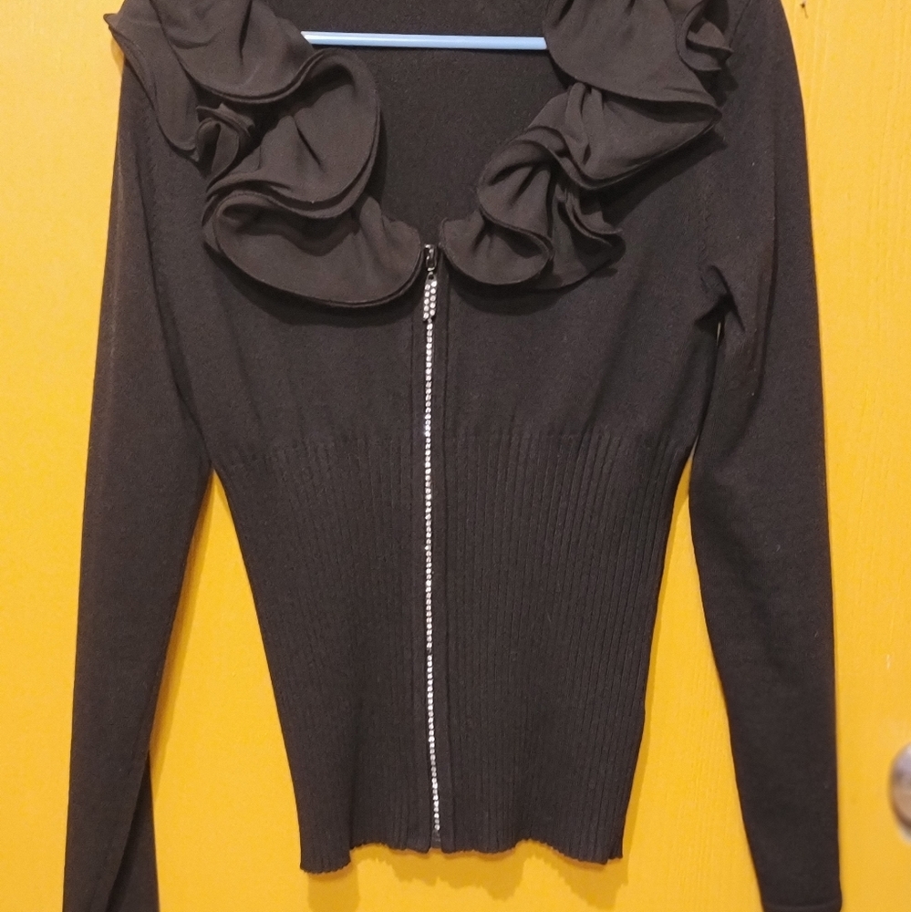Belldini Rhinestone Zipper Ruffled Sweater.  - Picture 2 of 7